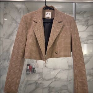 Zara Women's Tan Checkered Cropped Blazer